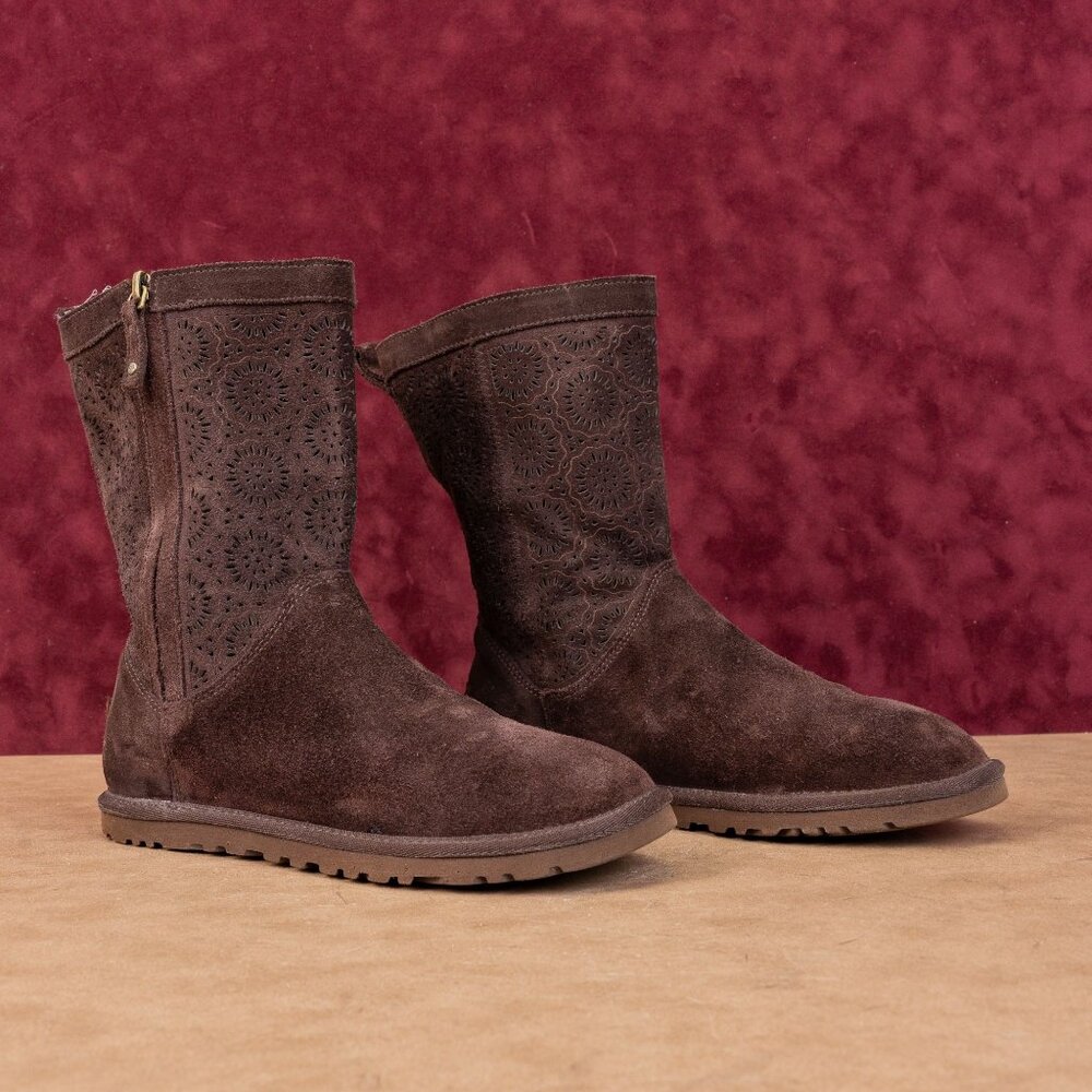 UGG Women Lo Pro Short Perf Dark Brown Suede Zip Ankle Boots sz 7US EUR38